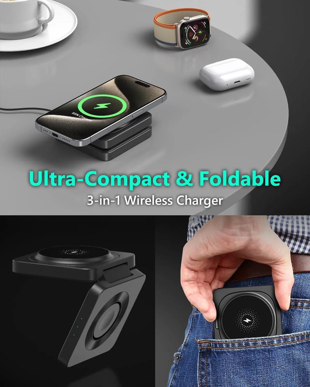 Alt view image 2 of 6 - Trendy 3 in 1 Travel Charging Station for Apple Devices, Foldable Magnetic Wireless Charger Stand Compatible with MagSafe, Fast Wireless Charging Pad for iPhone 16/15/14/13/12 & AirPods & Apple Watch