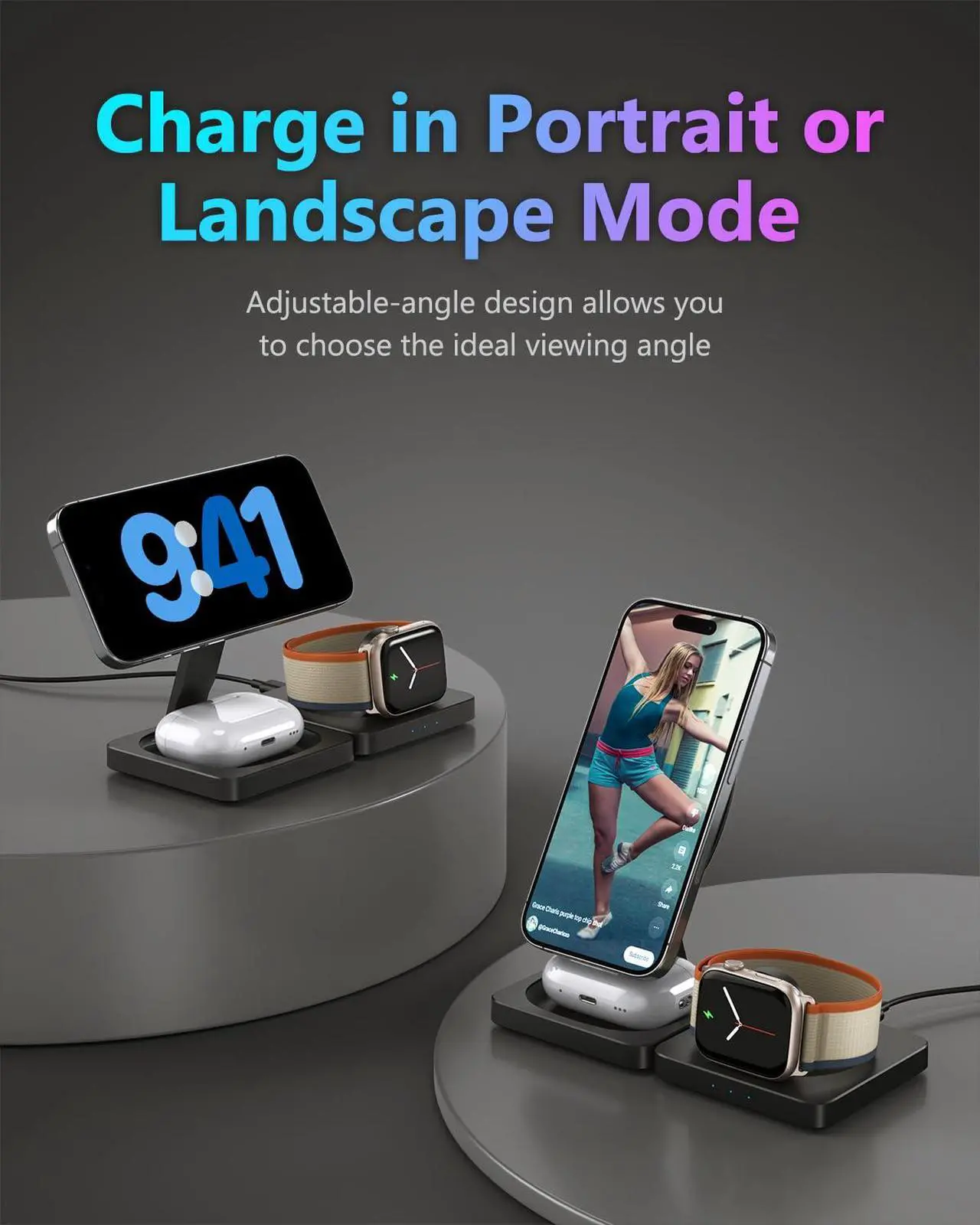 Alt view image 4 of 6 - Trendy 3 in 1 Travel Charging Station for Apple Devices, Foldable Magnetic Wireless Charger Stand Compatible with MagSafe, Fast Wireless Charging Pad for iPhone 16/15/14/13/12 & AirPods & Apple Watch