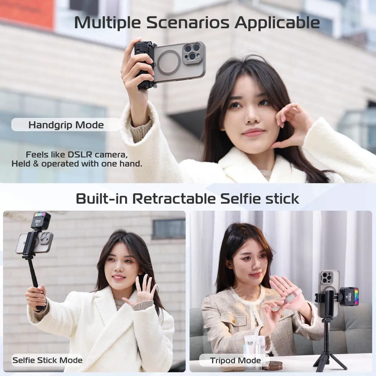 Alt view image 2 of 7 - ULANZI JJ02 Selfie Stick Tripod, Extendable Grip Phone Tripod with Detachable Remote Pocket Size, 3-in-1 Mini Phone Grip 2 Cold Shoe, 10m/393.7'' Wireless Shutter, Vlog Livestreaming Photography