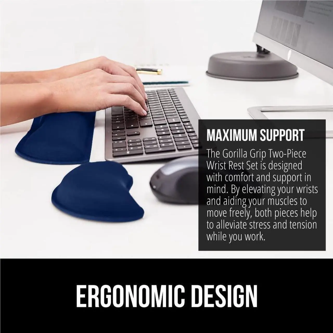 Alt view image 4 of 7 - GORILLA GRIP Silky Gel Memory Foam Wrist Rest for Computer Keyboard, Mouse, Ergonomic Design for Typing Pain Relief, Desk Pads Support Hand and Arm, Mousepad Rests, Stain Resistant, 2 Piece Pad, Navy