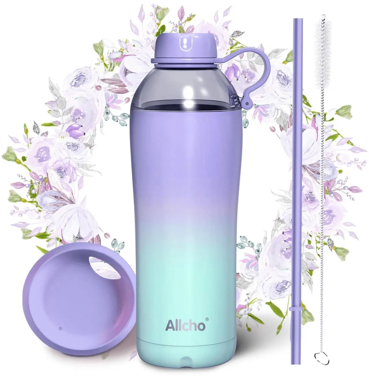 Main image of Allcho Insulated Water Bottle for Women, 18 oz Stainless Steel Water Bottles, Double Walled, 2 Lids (Chug & Tumbler) - Hydrate & Caffeinate, Gifts