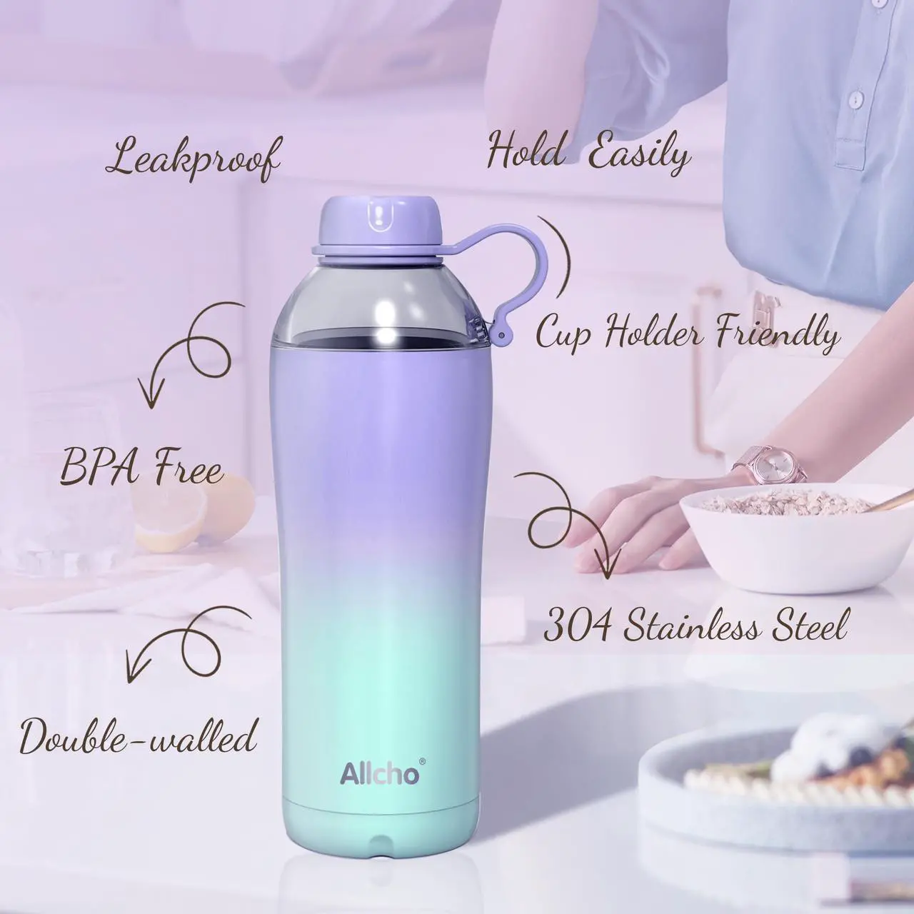 Alt view image 3 of 7 - Allcho Insulated Water Bottle for Women, 18 oz Stainless Steel Water Bottles, Double Walled, 2 Lids (Chug & Tumbler) - Hydrate & Caffeinate, Gifts