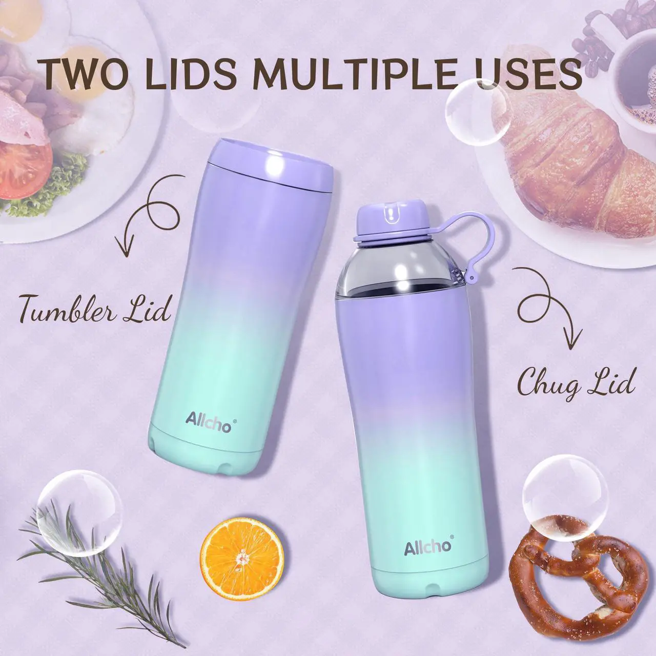 Alt view image 4 of 7 - Allcho Insulated Water Bottle for Women, 18 oz Stainless Steel Water Bottles, Double Walled, 2 Lids (Chug & Tumbler) - Hydrate & Caffeinate, Gifts