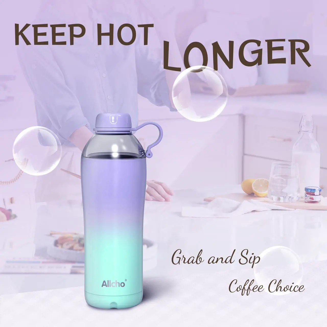 Alt view image 5 of 7 - Allcho Insulated Water Bottle for Women, 18 oz Stainless Steel Water Bottles, Double Walled, 2 Lids (Chug & Tumbler) - Hydrate & Caffeinate, Gifts