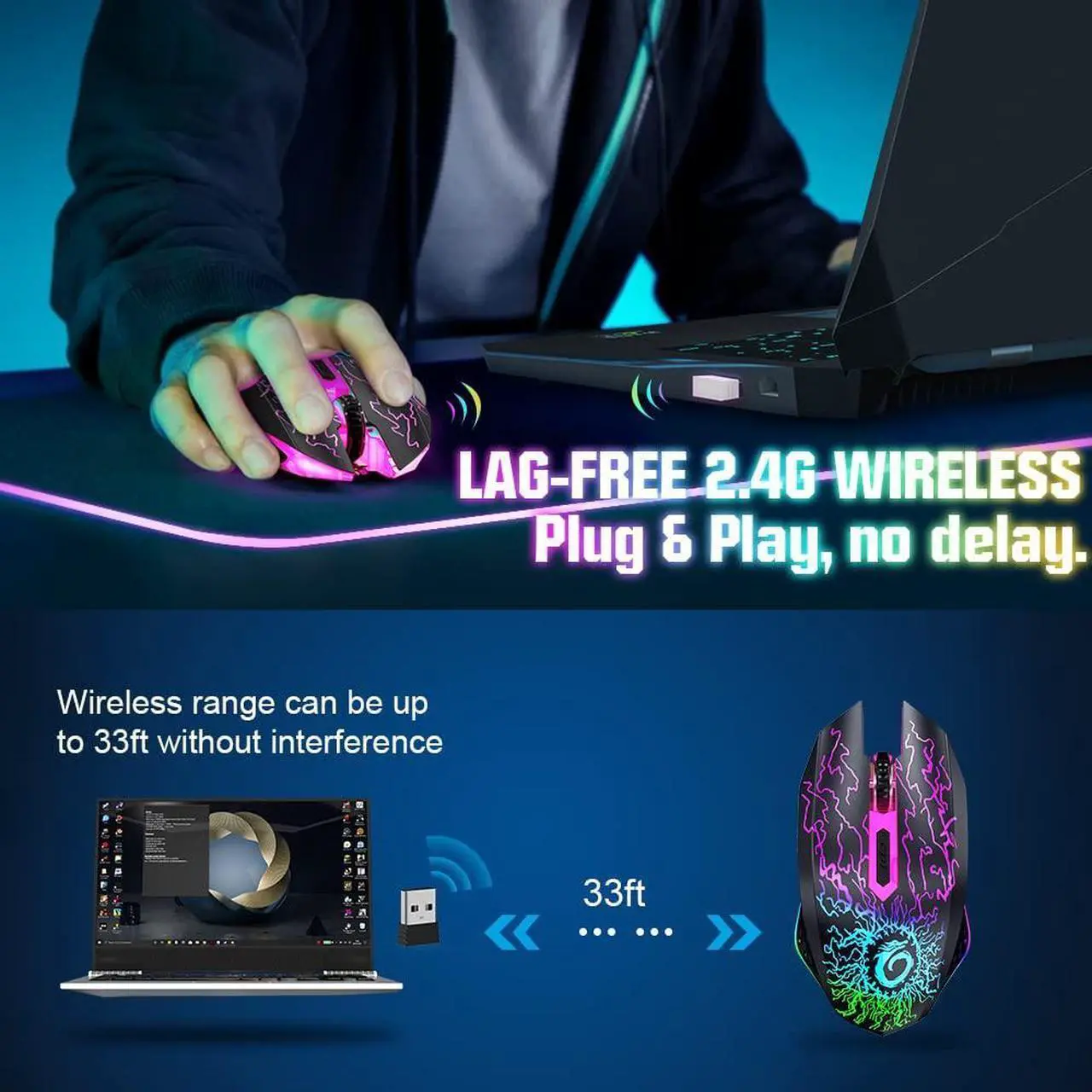 Alt view image 2 of 7 - VersionTECH. Wireless Gaming Mouse, Rechargeable Computer Mouse Mice with Colorful LED Lights, Silent Click, 2.4G USB Nano Receiver, 3 Level DPI for PC Gamer Laptop Desktop Chromebook Mac-Black