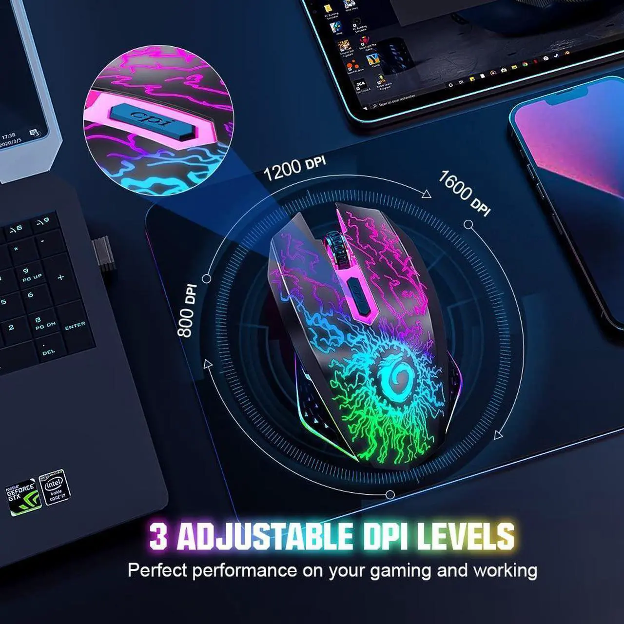 Alt view image 3 of 7 - VersionTECH. Wireless Gaming Mouse, Rechargeable Computer Mouse Mice with Colorful LED Lights, Silent Click, 2.4G USB Nano Receiver, 3 Level DPI for PC Gamer Laptop Desktop Chromebook Mac-Black