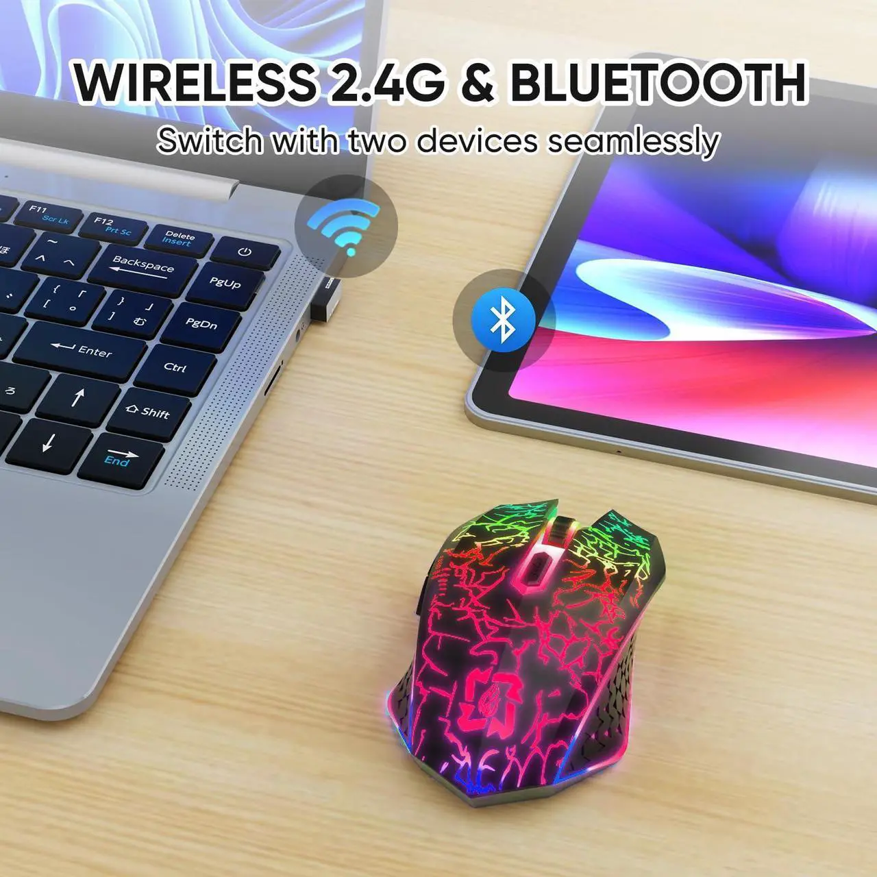 Alt view image 2 of 7 - MELOGAGA Bluetooth Wireless Gaming Mouse, 2.4G Cordless RGB Rechargeable PC Game Mouse, Black