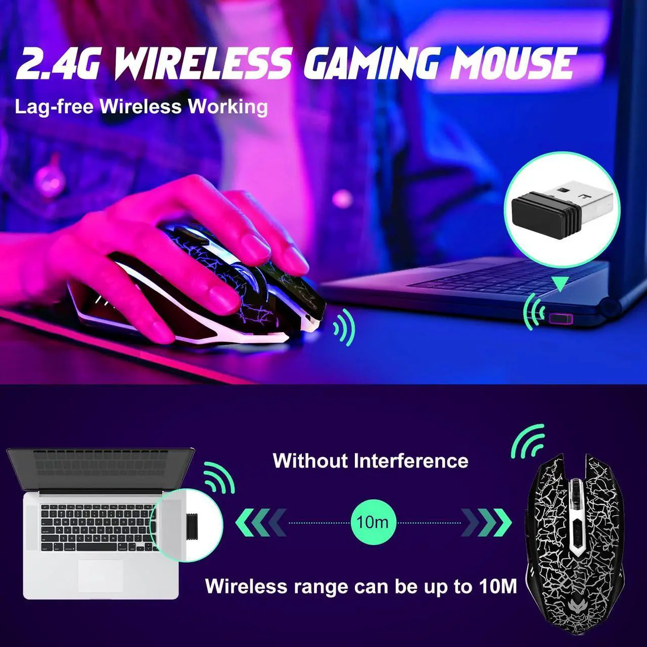 Alt view image 2 of 7 - LuLabboard Wireless Gaming Mouse, Rechargeable Wireless Computer Mouse, 7-Color LED Light, Ergonomic Mouse with 6 Silent Click Buttons, 3 Adjustable 2400 DPI Wireless Mouse for Laptop,PC,Mac, Black