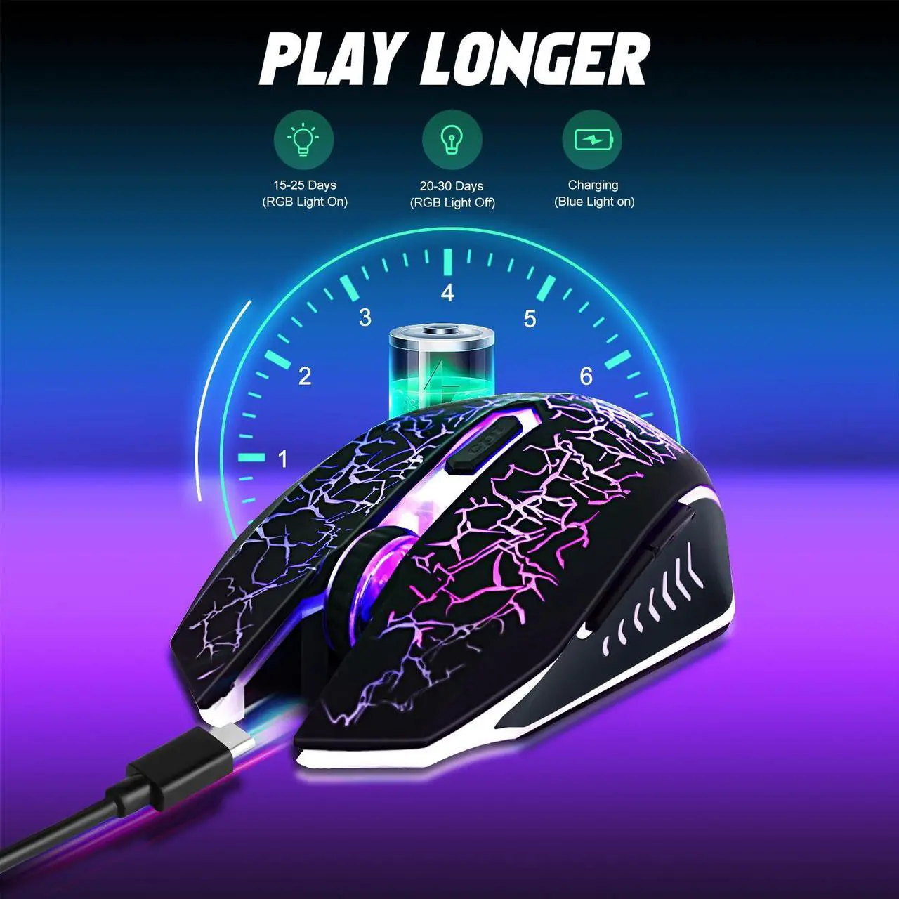 Alt view image 4 of 7 - LuLabboard Wireless Gaming Mouse, Rechargeable Wireless Computer Mouse, 7-Color LED Light, Ergonomic Mouse with 6 Silent Click Buttons, 3 Adjustable 2400 DPI Wireless Mouse for Laptop,PC,Mac, Black