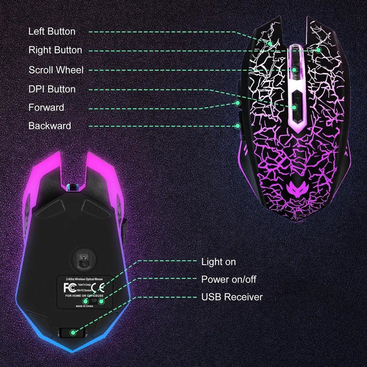 Alt view image 6 of 7 - LuLabboard Wireless Gaming Mouse, Rechargeable Wireless Computer Mouse, 7-Color LED Light, Ergonomic Mouse with 6 Silent Click Buttons, 3 Adjustable 2400 DPI Wireless Mouse for Laptop,PC,Mac, Black