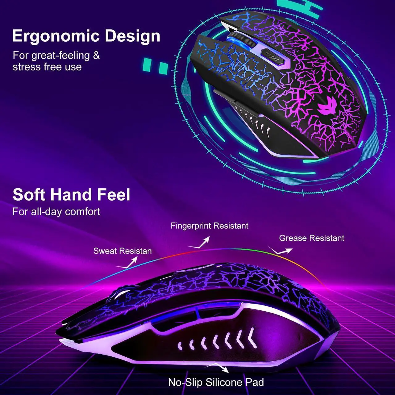 Alt view image 5 of 7 - LuLabboard Wireless Gaming Mouse, Rechargeable Wireless Computer Mouse, 7-Color LED Light, Ergonomic Mouse with 6 Silent Click Buttons, 3 Adjustable 2400 DPI Wireless Mouse for Laptop,PC,Mac, Black