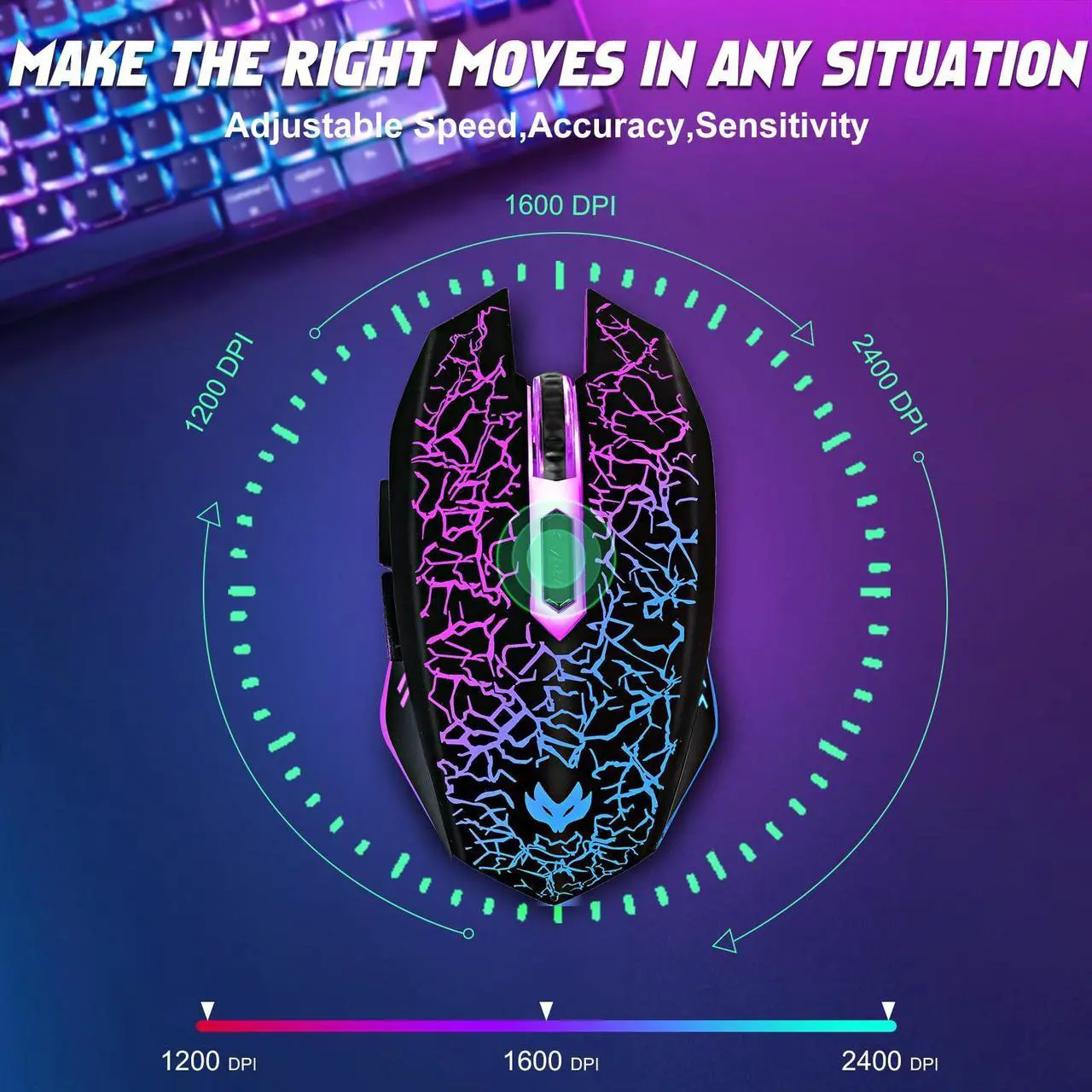 Alt view image 3 of 7 - LuLabboard Wireless Gaming Mouse, Rechargeable Wireless Computer Mouse, 7-Color LED Light, Ergonomic Mouse with 6 Silent Click Buttons, 3 Adjustable 2400 DPI Wireless Mouse for Laptop,PC,Mac, Black
