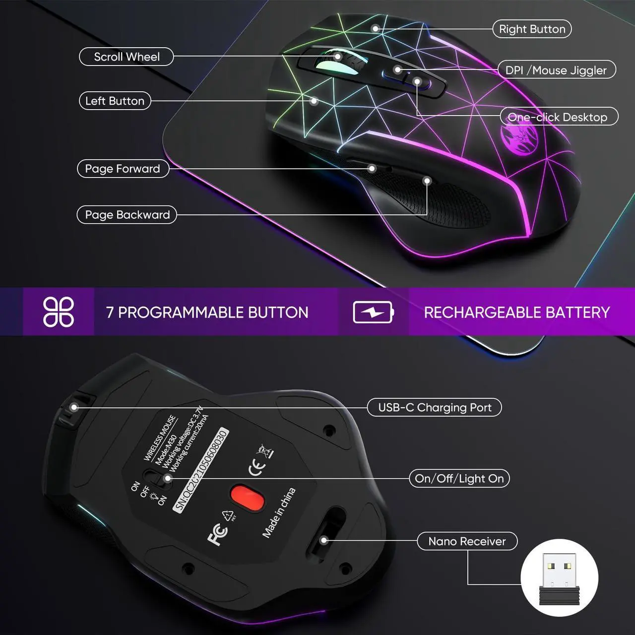Alt view image 6 of 7 - MELOGAGA Wireless Gaming Mouse, Mouse Jiggler for Laptop, Rechargeable 2.4G USB Cordless Mice with Mouse Wiggler Mover, RGB Backlight, 3 DPI + 7 Buttons for PC Mac Chromebook Desktop Computers