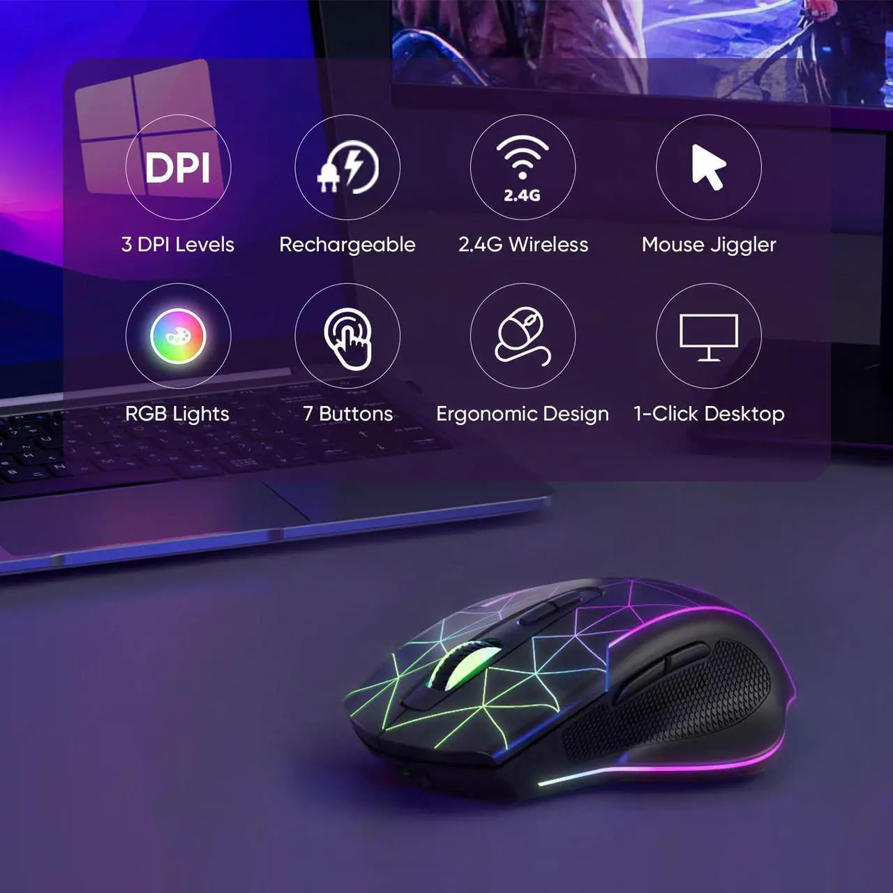 Alt view image 7 of 7 - MELOGAGA Wireless Gaming Mouse, Mouse Jiggler for Laptop, Rechargeable 2.4G USB Cordless Mice with Mouse Wiggler Mover, RGB Backlight, 3 DPI + 7 Buttons for PC Mac Chromebook Desktop Computers