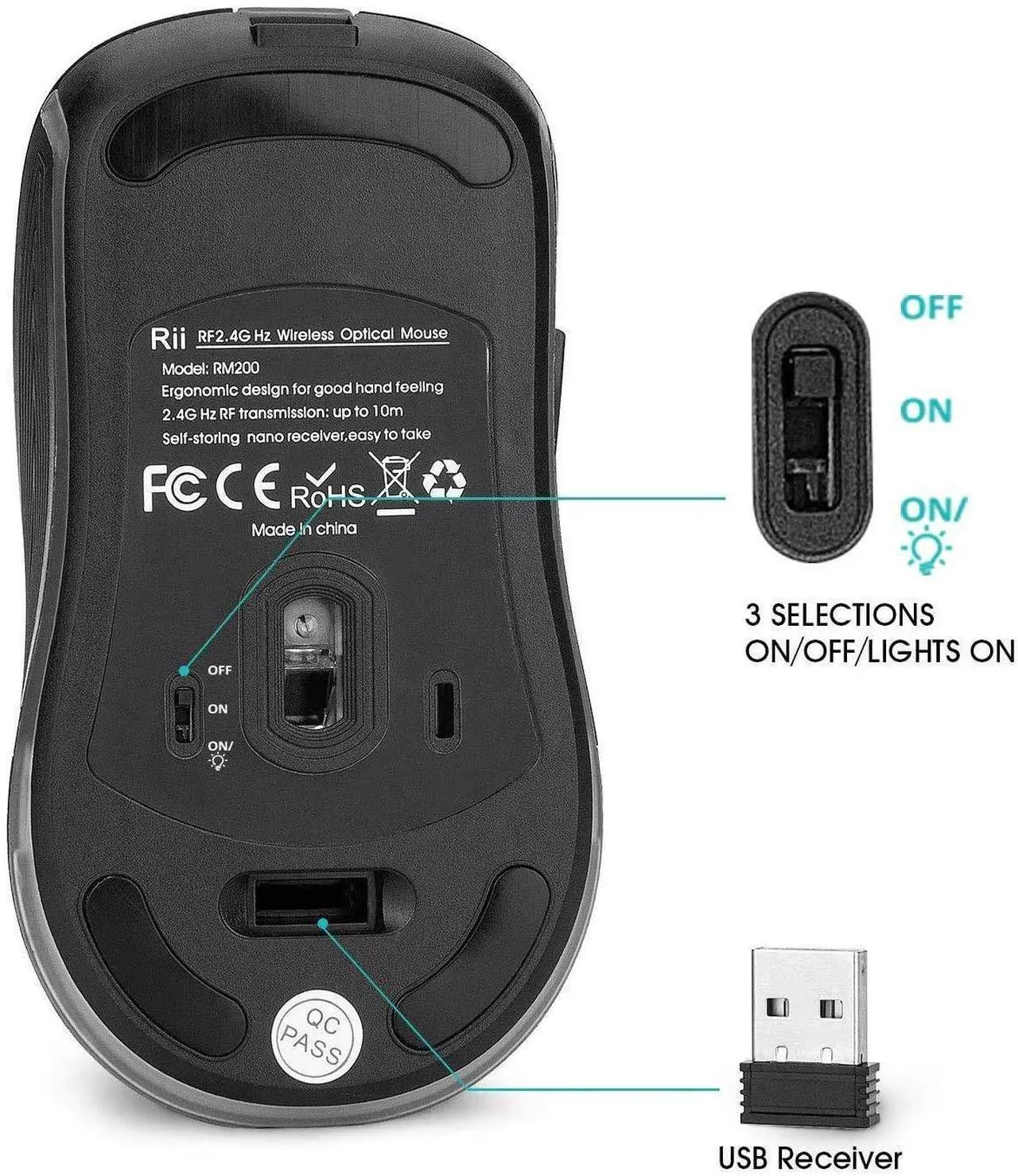 Alt view image 3 of 4 - Rii RM200 2.4G Wireless Mouse with USB Nano Receiver, 5 Buttons Rechargeable Mouse,Colorful Backlit RGB Gaming Mouse for Notebook,PC,Computer-Black