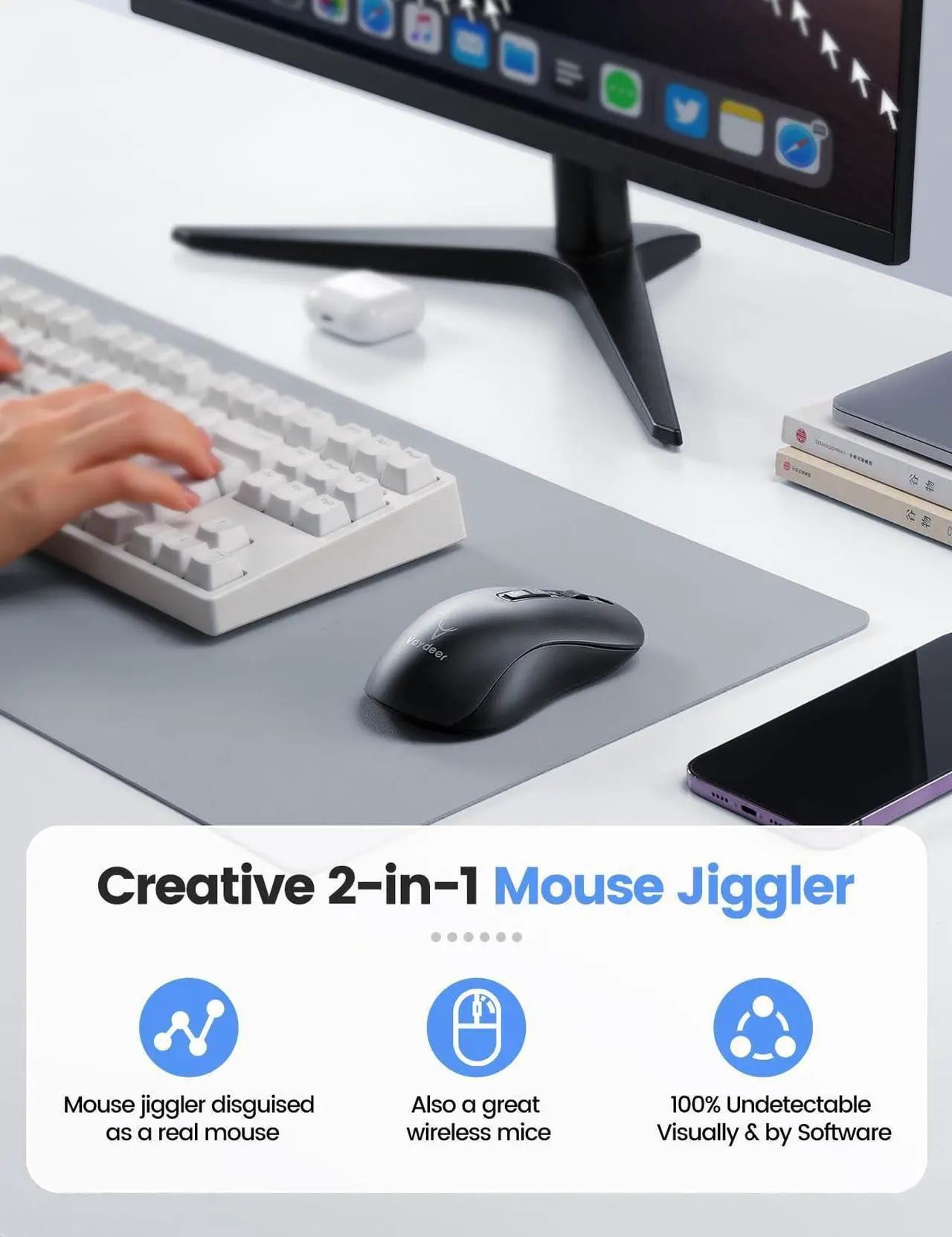 Alt view image 2 of 7 - Vaydeer Wireless Mouse Jiggler, 2.4G Wireless Mice with Build-in Mouse Mover, Rechargeable Moving Mouse for Laptop with Undetectable Random Movement Keeps Computers Awake - Black