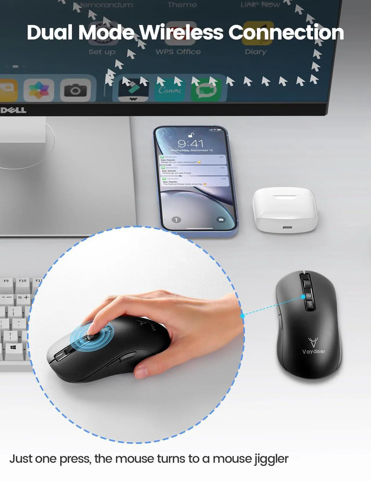 Alt view image 4 of 7 - Vaydeer Wireless Mouse Jiggler, 2.4G Wireless Mice with Build-in Mouse Mover, Rechargeable Moving Mouse for Laptop with Undetectable Random Movement Keeps Computers Awake - Black