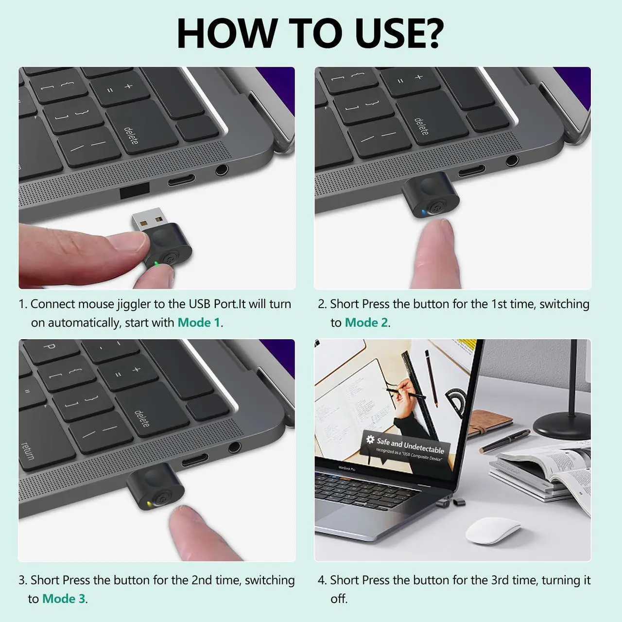Alt view image 6 of 7 - HOTLIFE Undetectable Mouse Jiggler, USB Mover Device Keeps PC Awake, Driver-Free Wiggler Auto Shaker with 3 Mode Switch Button to Keep Laptop Computer Screen Active, Black