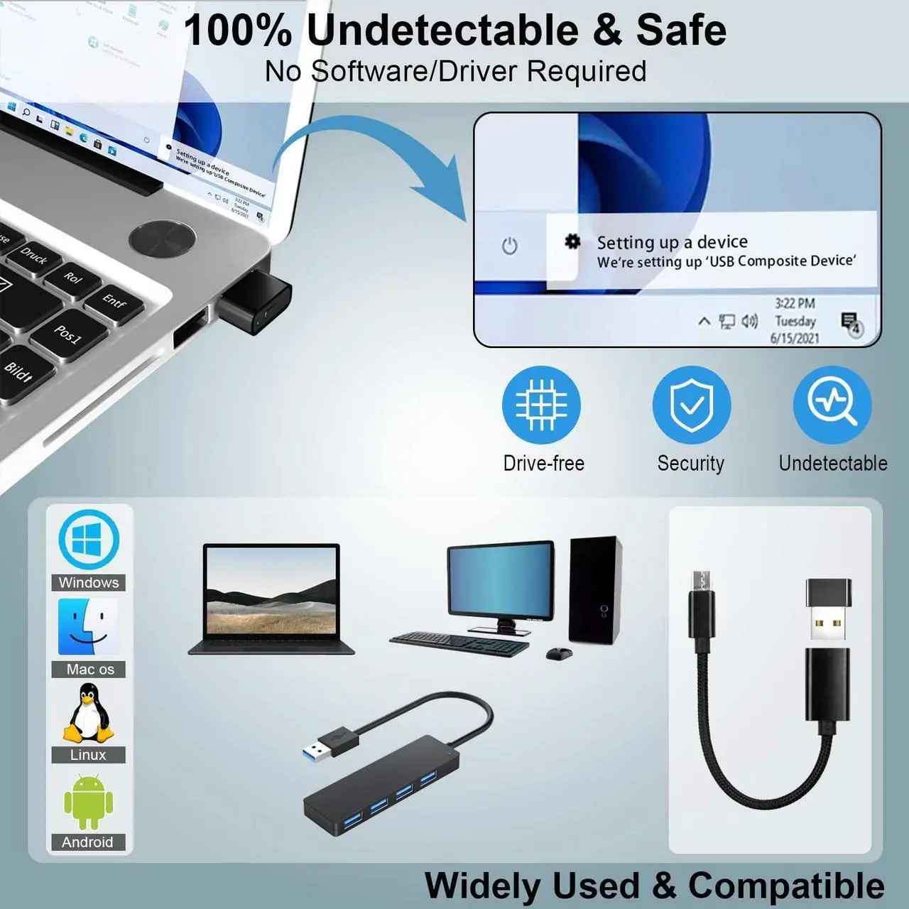 Alt view image 3 of 7 - QUI Metal USB Mouse Jiggler with Switch Button,Automatic Mouse Mover with 2 Jiggle Modes,Supports Multi-Track,Driver-Free,Plug-and-Play Keeps PC/Laptop Awake