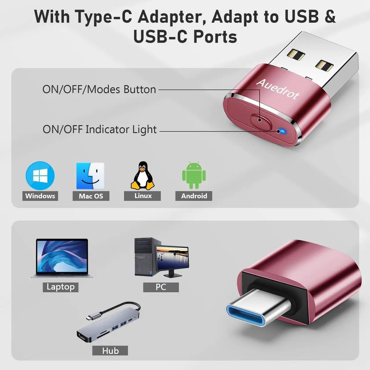 Alt view image 5 of 7 - AUEDROT Metal Mouse Jiggler with Switch Button, 2 Jiggle Modes, USB-C Adapter, Rose Gold