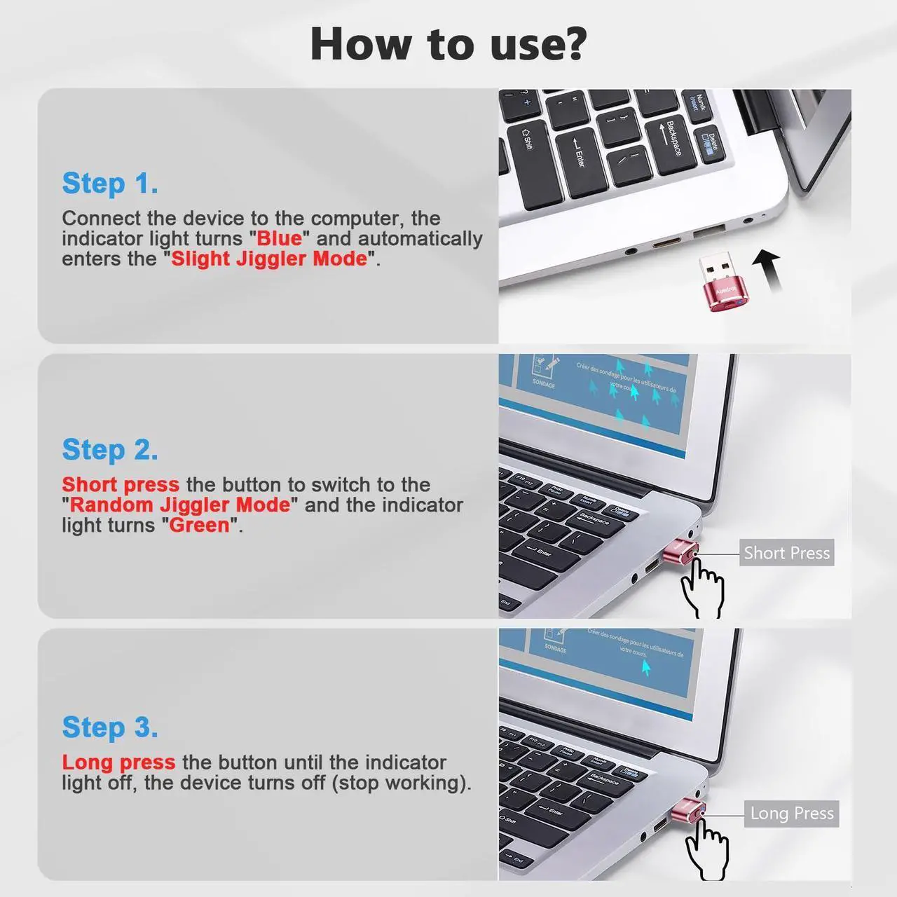 Alt view image 6 of 7 - AUEDROT Metal Mouse Jiggler with Switch Button, 2 Jiggle Modes, USB-C Adapter, Rose Gold