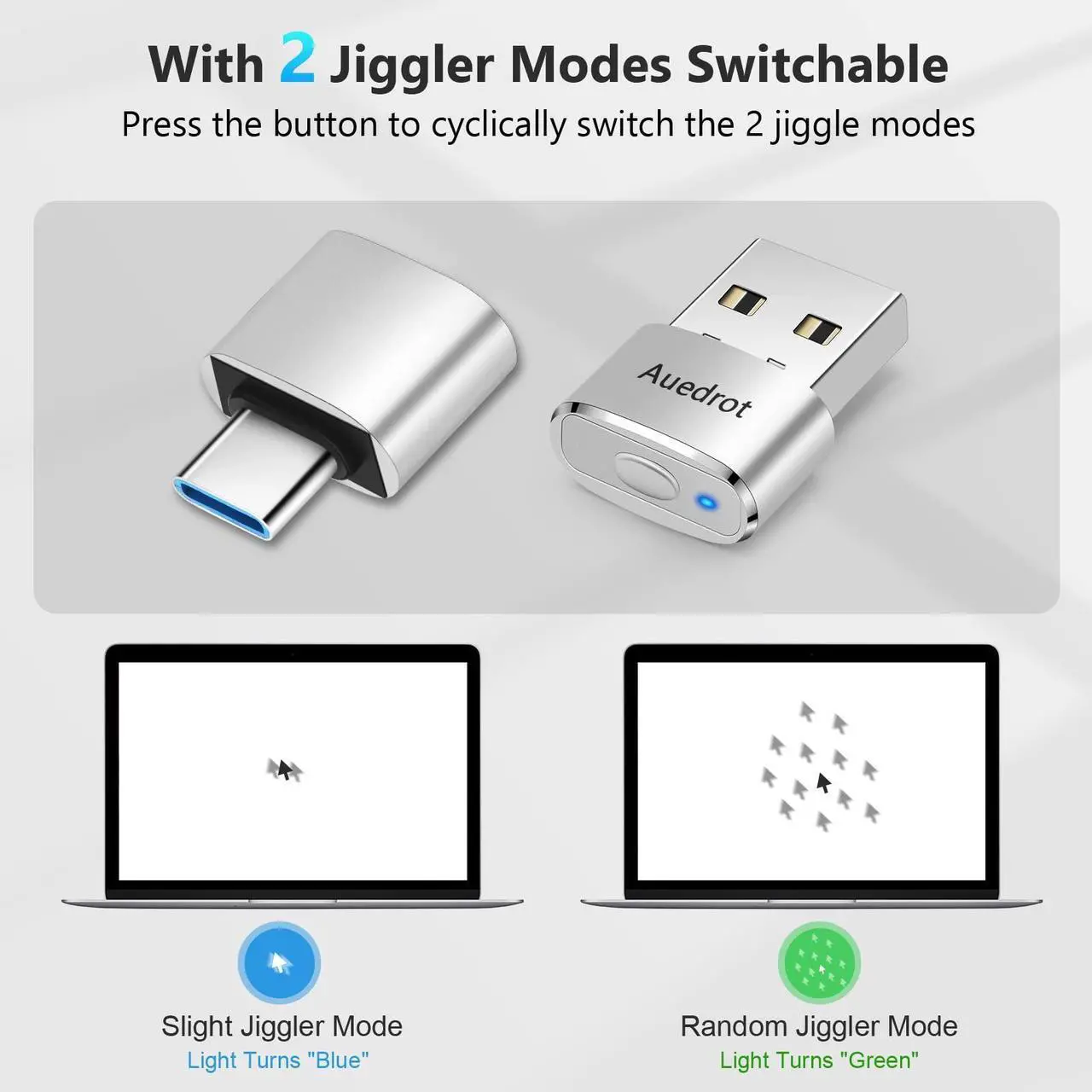 Alt view image 2 of 7 - USB Mouse Mover with Switch Button, Automatic Mini Mouse Shaker with 2 Jiggle Modes, Driver-Free, Plug & Play, Keep Computer/Laptop Awake, USB-C Adapter, Silver