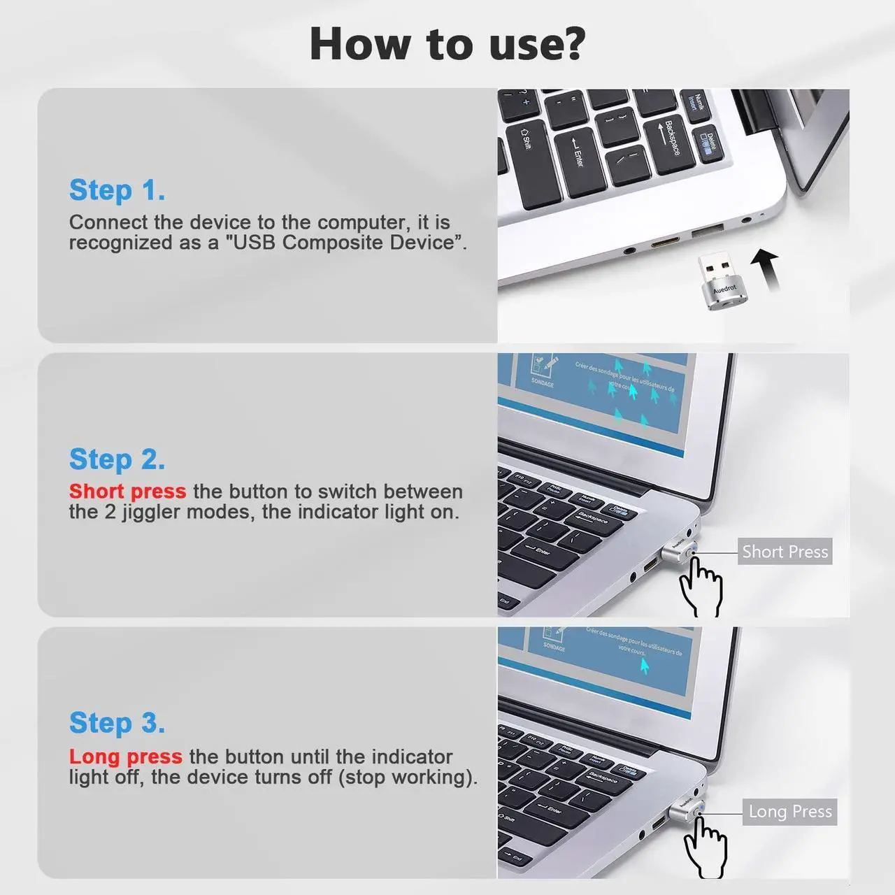 Alt view image 6 of 7 - USB Mouse Mover with Switch Button, Automatic Mini Mouse Shaker with 2 Jiggle Modes, Driver-Free, Plug & Play, Keep Computer/Laptop Awake, USB-C Adapter, Silver