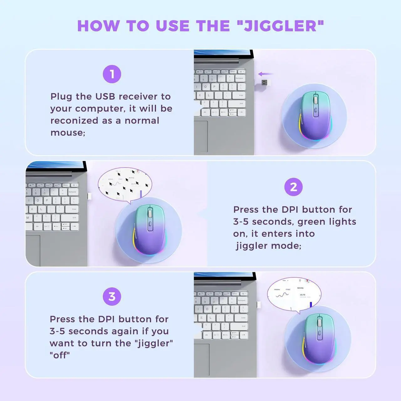 Alt view image 2 of 7 - Wireless Mouse Jiggler - LED Wireless Mice with Build-in Mouse Jiggler Mover, Rechargeable Moving Mouse for Computer with Undetectable Random Movement Keeps Computer Awake - Gradient Purple