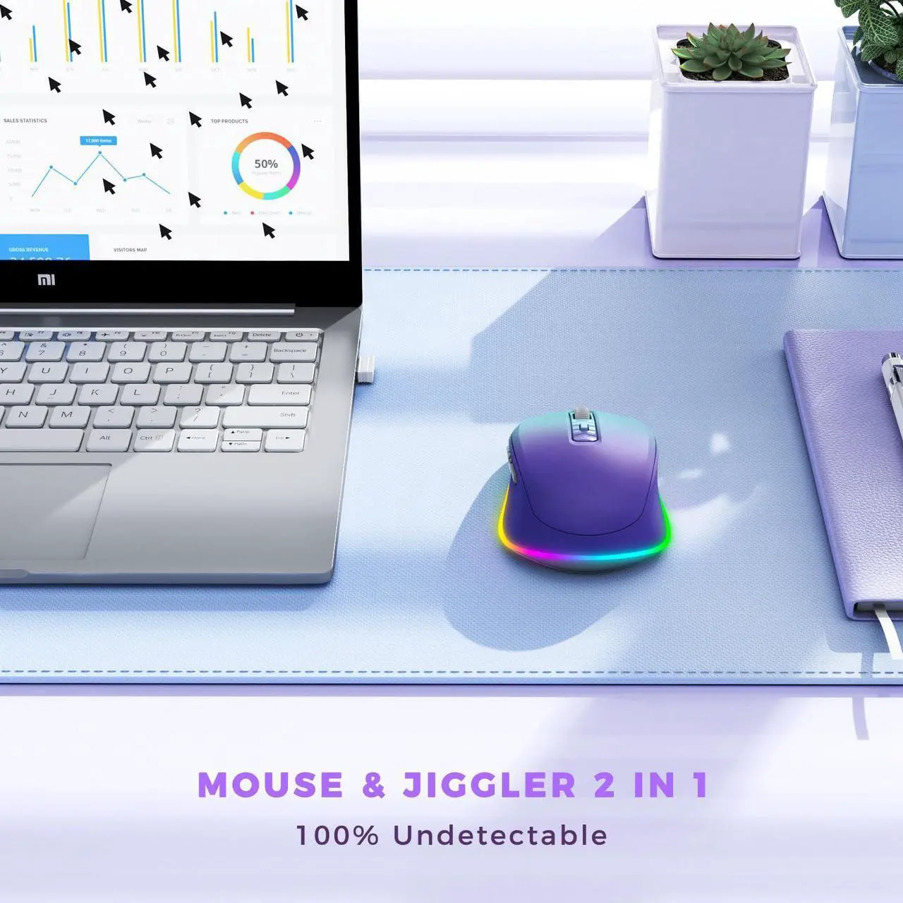 Alt view image 3 of 7 - Wireless Mouse Jiggler - LED Wireless Mice with Build-in Mouse Jiggler Mover, Rechargeable Moving Mouse for Computer with Undetectable Random Movement Keeps Computer Awake - Gradient Purple
