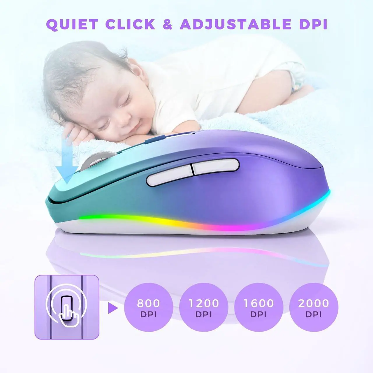 Alt view image 5 of 7 - Wireless Mouse Jiggler - LED Wireless Mice with Build-in Mouse Jiggler Mover, Rechargeable Moving Mouse for Computer with Undetectable Random Movement Keeps Computer Awake - Gradient Purple