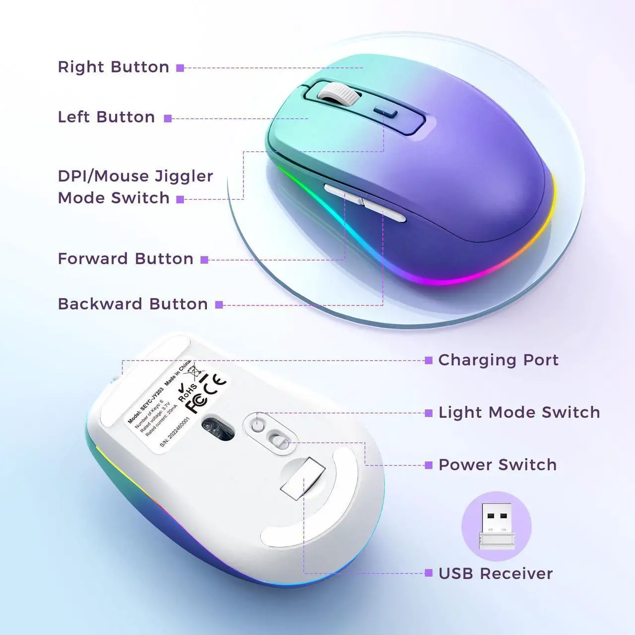 Alt view image 6 of 7 - Wireless Mouse Jiggler - LED Wireless Mice with Build-in Mouse Jiggler Mover, Rechargeable Moving Mouse for Computer with Undetectable Random Movement Keeps Computer Awake - Gradient Purple