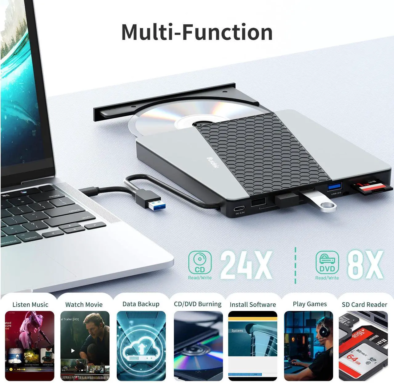Alt view image 3 of 7 - SUIDEK External CD DVD Drive, USB 3.0 USB C Portable CD DVD +/-RW Burner DVD Player for Laptop with SD/Micro SD Card Reader 8 in 1 Hub Compatible with Laptop Mac PC Windows Linux