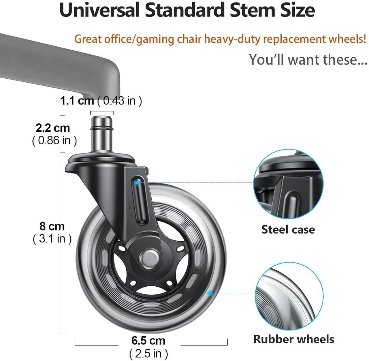Alt view image 3 of 7 - Office Chair Replacement Wheels Set of 5, 3" Heavy Duty Rubber, Safe for All Floors, Quiet, Universal Fit & Quick Installation Easy to Install on Hardwood & Carpet