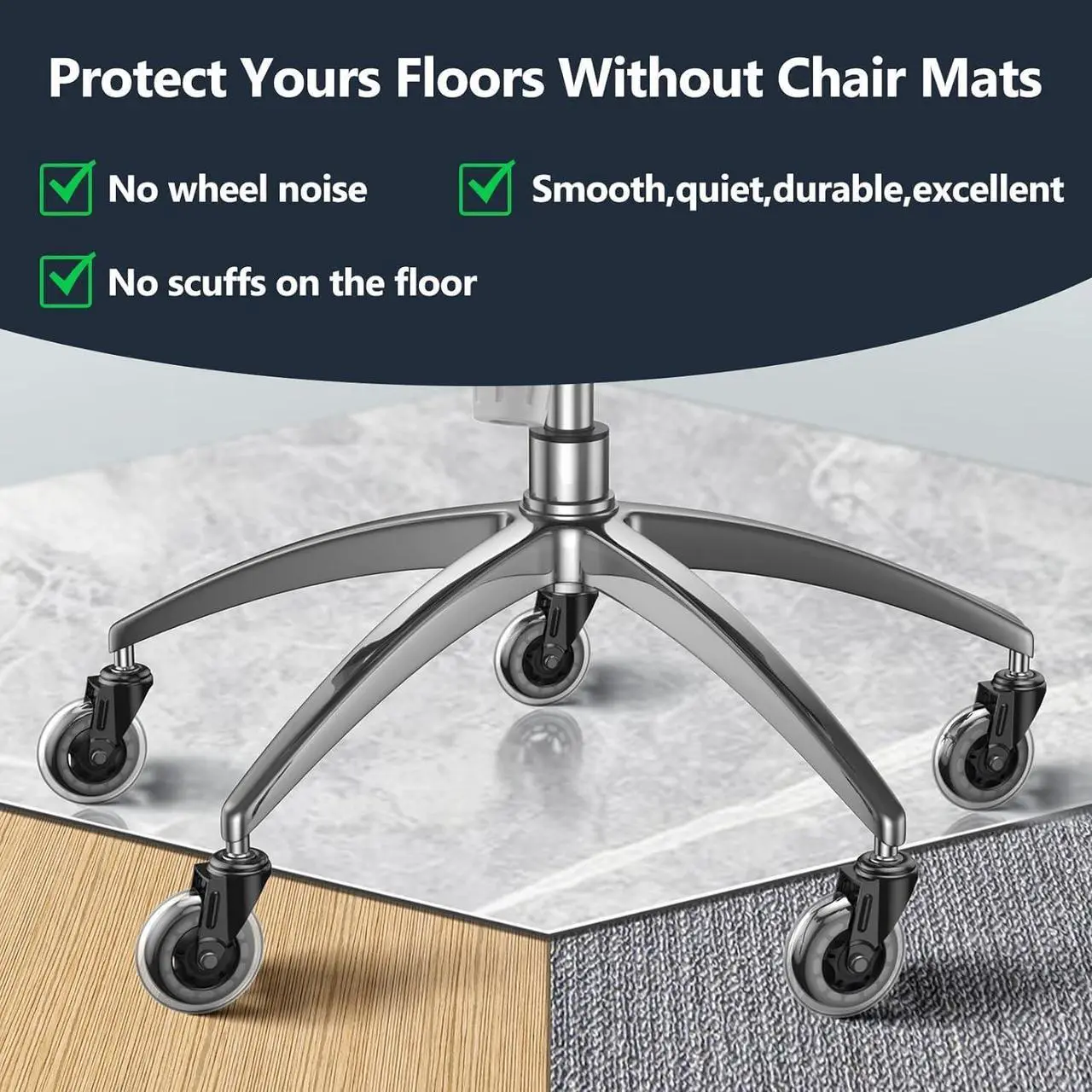 Alt view image 5 of 7 - Office Chair Replacement Wheels Set of 5, 3" Heavy Duty Rubber, Safe for All Floors, Quiet, Universal Fit & Quick Installation Easy to Install on Hardwood & Carpet