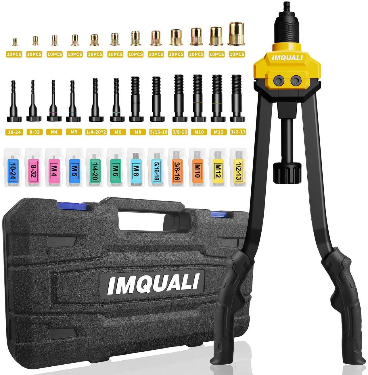 Main image of IMQUALI Rivet Nut Tool Rivet Nut Kit, 16" Rivnut Tool Kit with 13 Metric & SAE Mandrels Rivet Nut Assortment Kit with 130 Rivet Nuts, Hand Riveters Nutsert Tool Kit with Durable Blow Molded Case