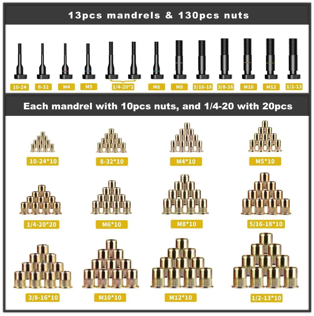 Alt view image 3 of 6 - IMQUALI Rivet Nut Tool Rivet Nut Kit, 16" Rivnut Tool Kit with 13 Metric & SAE Mandrels Rivet Nut Assortment Kit with 130 Rivet Nuts, Hand Riveters Nutsert Tool Kit with Durable Blow Molded Case