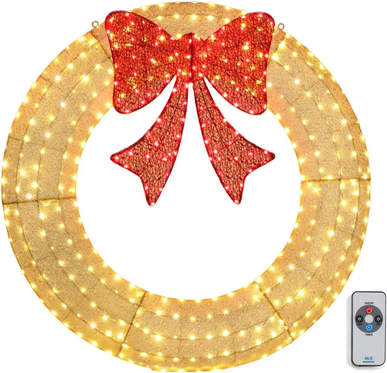 Main image of 48in Pre-Lit Outdoor Christmas Wreath Decoration, LED Metal Holiday Decor for Home Exterior, Garden w/ 315 Lights, Bow - Gold/Red
