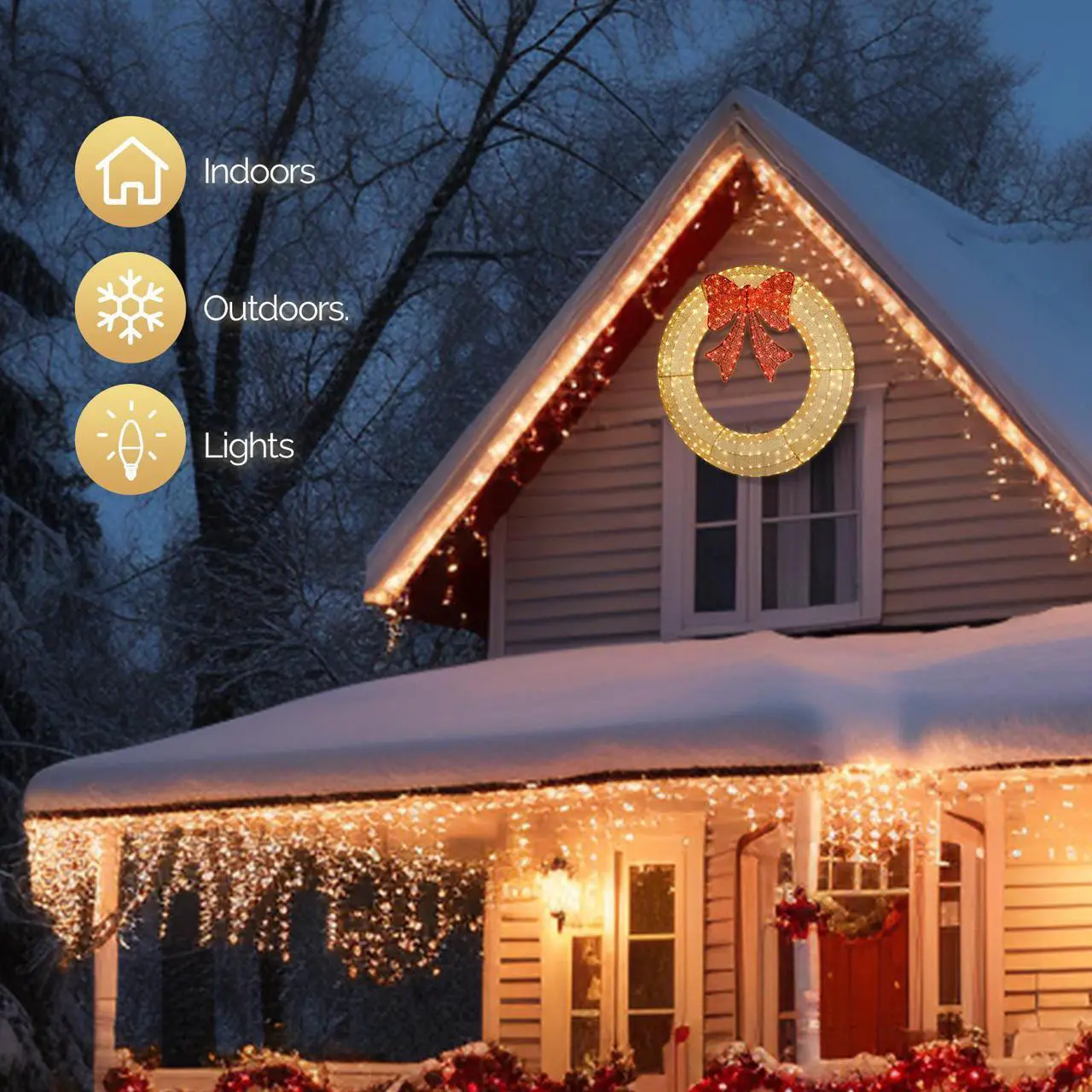 Alt view image 5 of 7 - 48in Pre-Lit Outdoor Christmas Wreath Decoration, LED Metal Holiday Decor for Home Exterior, Garden w/ 315 Lights, Bow - Gold/Red
