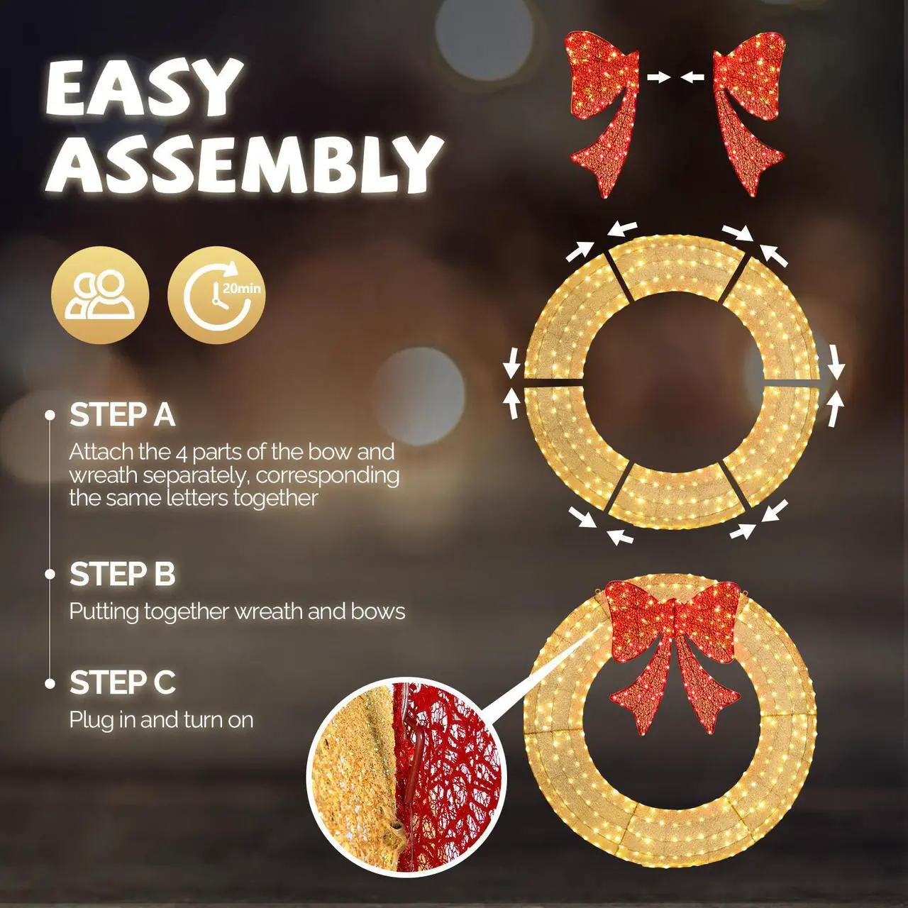 Alt view image 3 of 7 - 48in Pre-Lit Outdoor Christmas Wreath Decoration, LED Metal Holiday Decor for Home Exterior, Garden w/ 315 Lights, Bow - Gold/Red