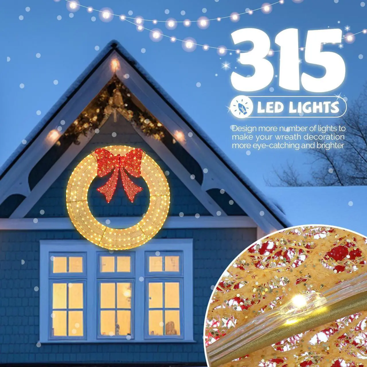 Alt view image 2 of 7 - 48in Pre-Lit Outdoor Christmas Wreath Decoration, LED Metal Holiday Decor for Home Exterior, Garden w/ 315 Lights, Bow - Gold/Red