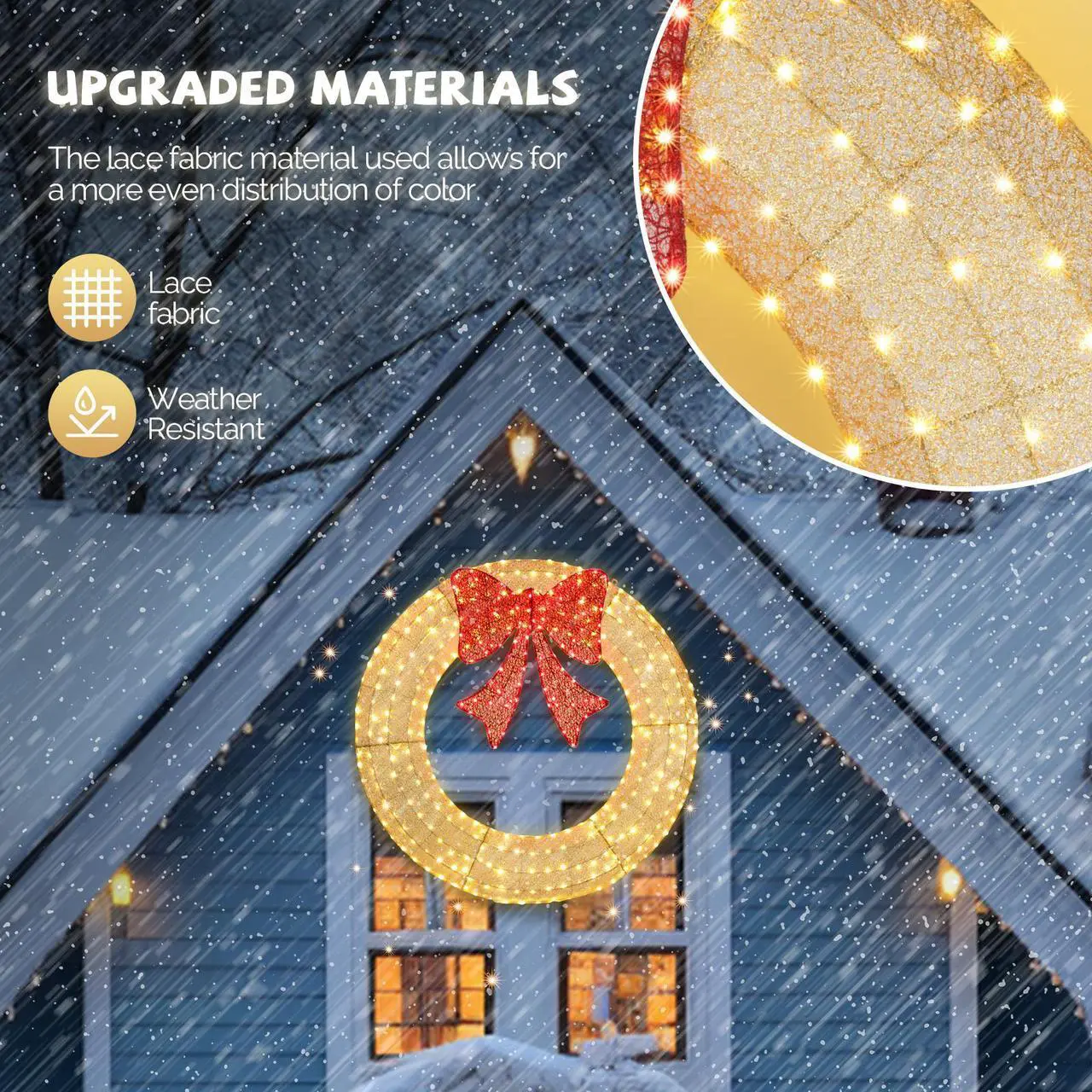 Alt view image 6 of 7 - 48in Pre-Lit Outdoor Christmas Wreath Decoration, LED Metal Holiday Decor for Home Exterior, Garden w/ 315 Lights, Bow - Gold/Red