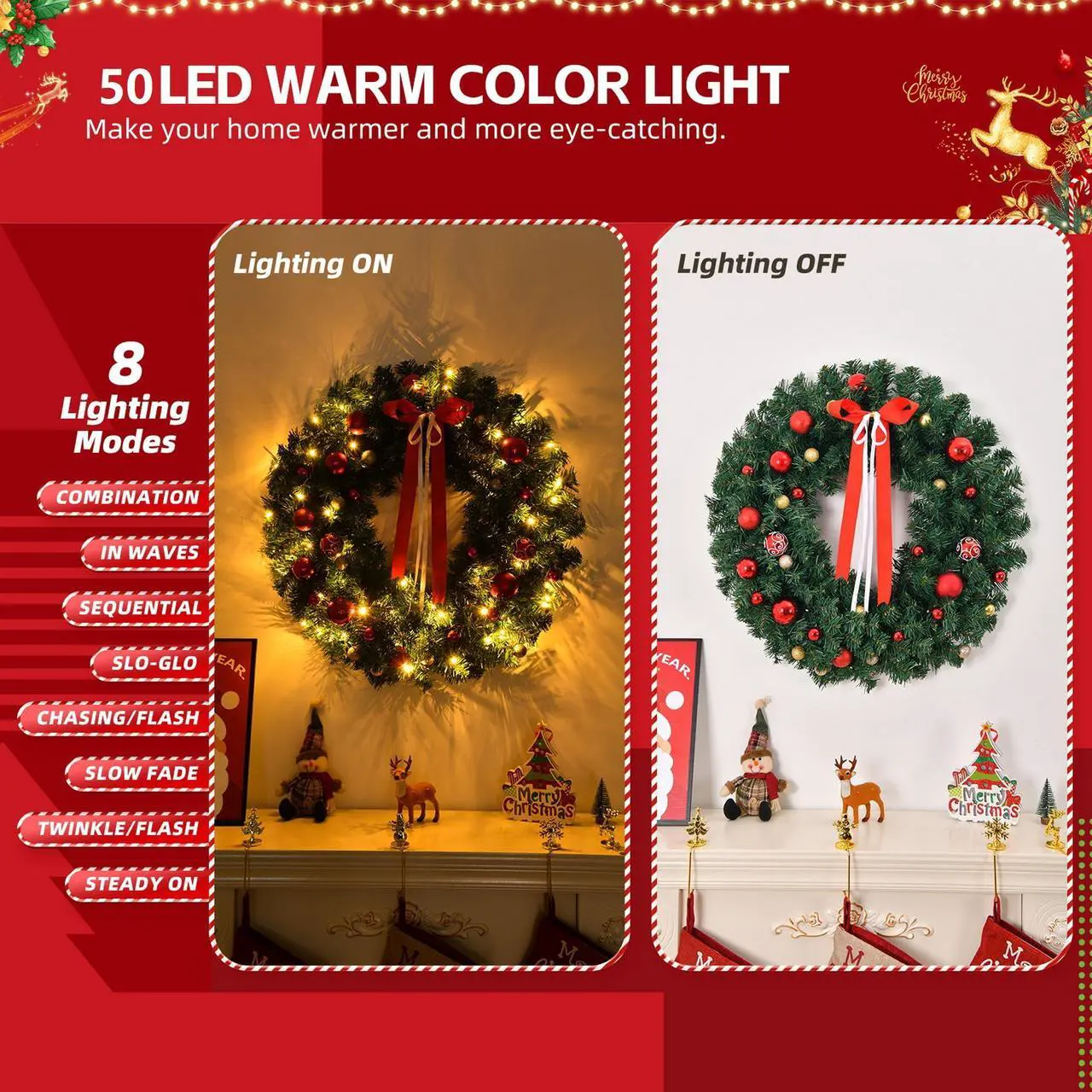 Alt view image 5 of 6 - 24in Pre-lit Battery Powered Christmas Wreath, Lighted Artificial Xmas Wreath with 50 Warm Lights and 80 PVC Tips and 14 DIY Ornaments, for Front Door Gate Wall Xmas Party Decorations