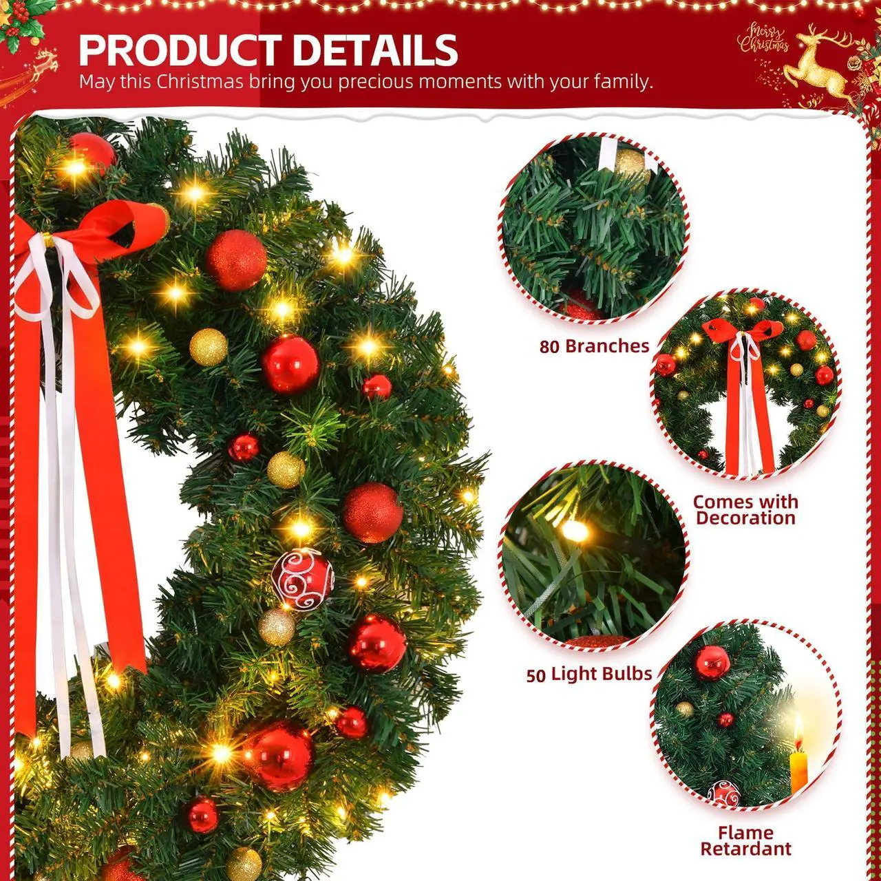Alt view image 2 of 6 - 24in Pre-lit Battery Powered Christmas Wreath, Lighted Artificial Xmas Wreath with 50 Warm Lights and 80 PVC Tips and 14 DIY Ornaments, for Front Door Gate Wall Xmas Party Decorations