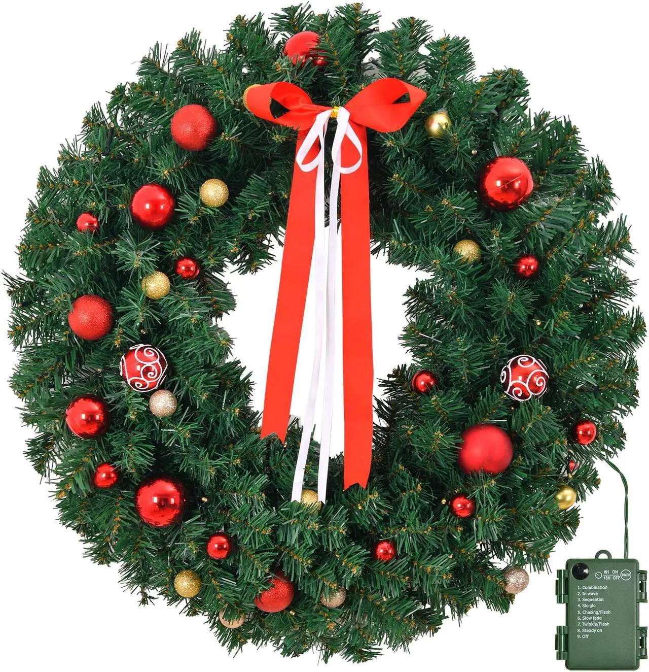 Main image of 24in Pre-lit Battery Powered Christmas Wreath, Lighted Artificial Xmas Wreath with 50 Warm Lights and 80 PVC Tips and 14 DIY Ornaments, for Front Door Gate Wall Xmas Party Decorations