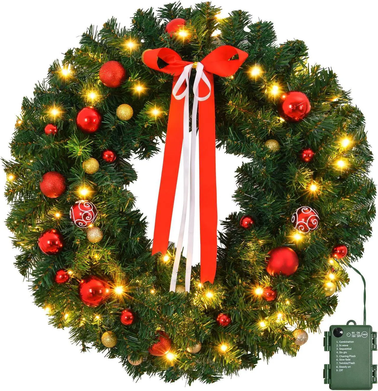 Alt view image 4 of 6 - 24in Pre-lit Battery Powered Christmas Wreath, Lighted Artificial Xmas Wreath with 50 Warm Lights and 80 PVC Tips and 14 DIY Ornaments, for Front Door Gate Wall Xmas Party Decorations