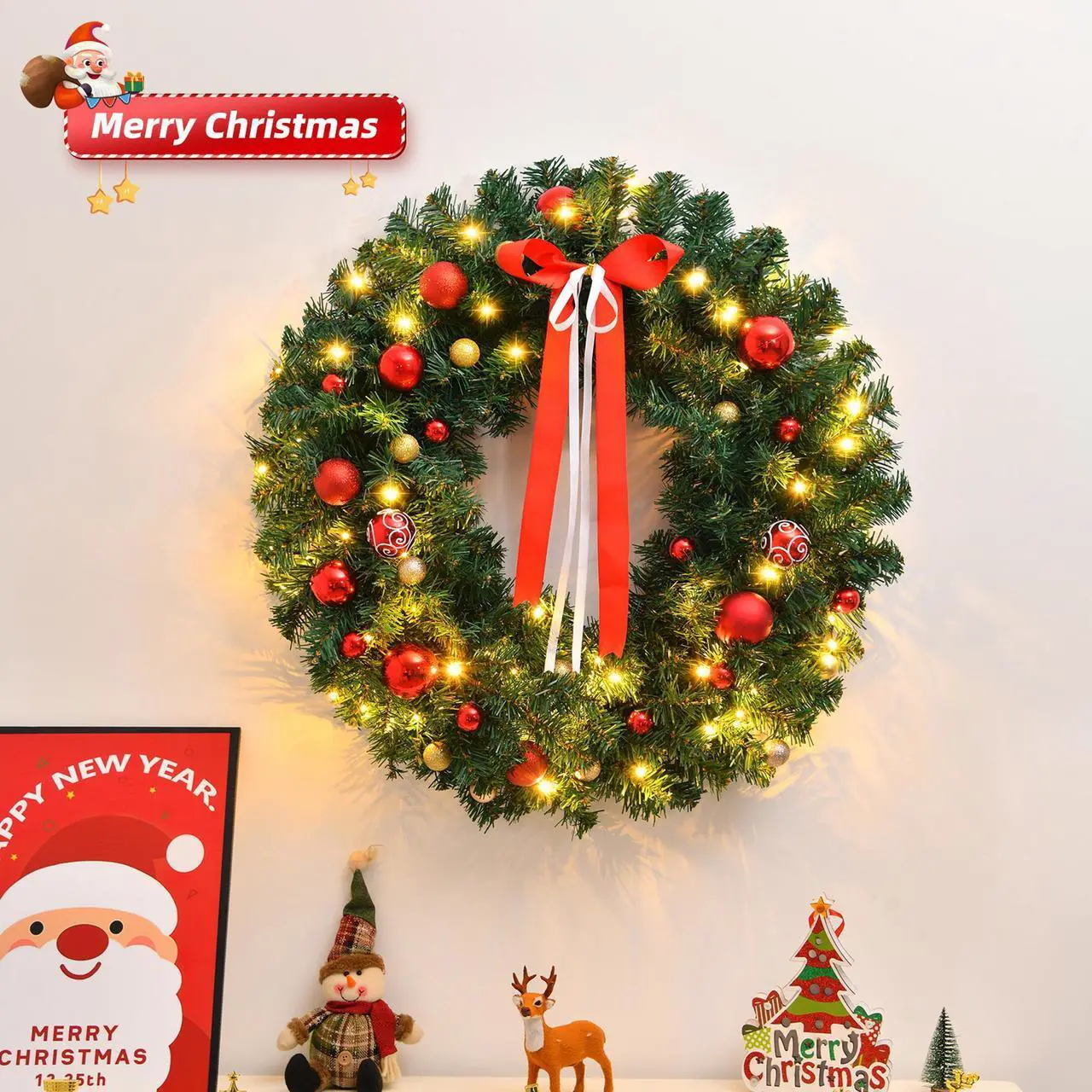 Alt view image 3 of 6 - 24in Pre-lit Battery Powered Christmas Wreath, Lighted Artificial Xmas Wreath with 50 Warm Lights and 80 PVC Tips and 14 DIY Ornaments, for Front Door Gate Wall Xmas Party Decorations