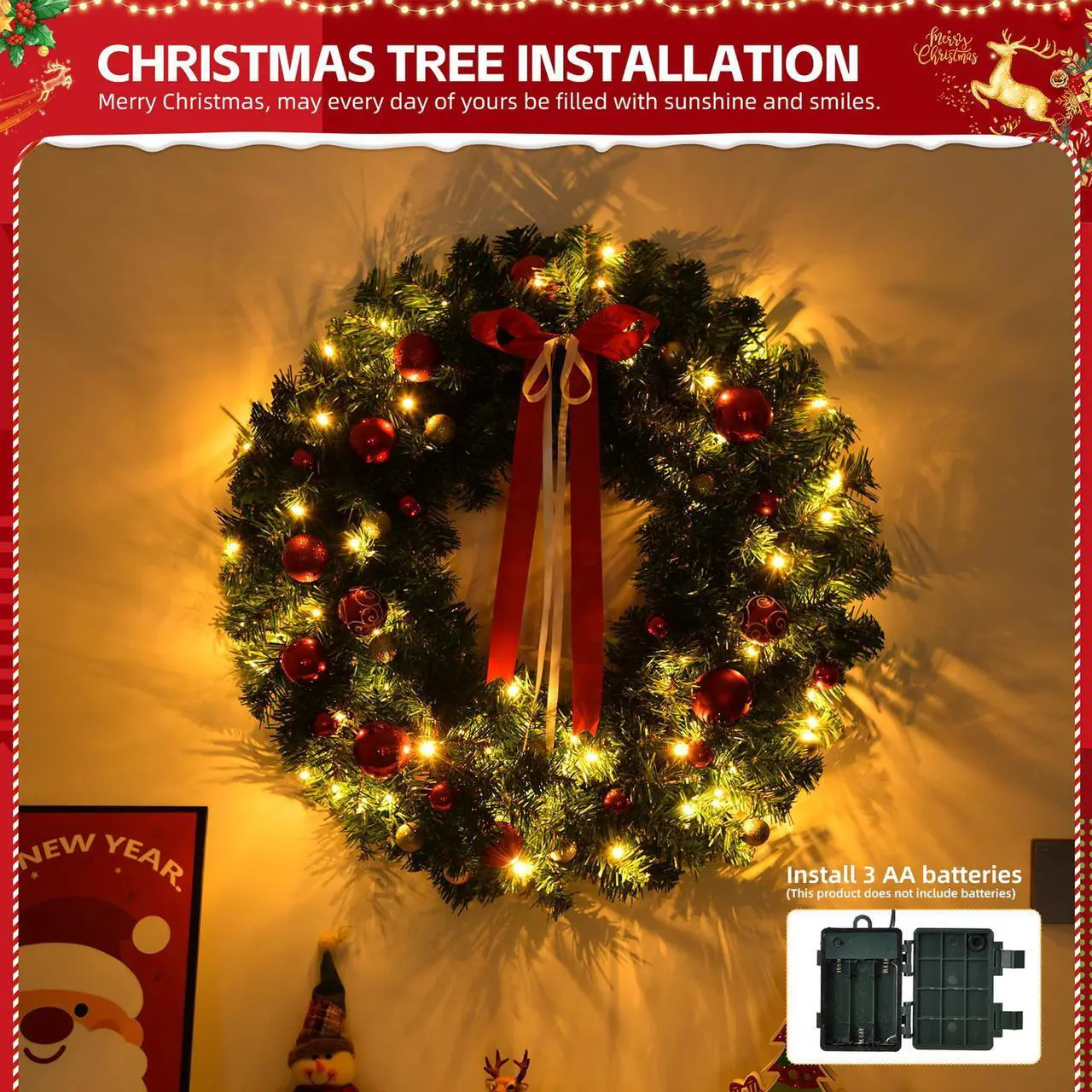 Alt view image 6 of 6 - 24in Pre-lit Battery Powered Christmas Wreath, Lighted Artificial Xmas Wreath with 50 Warm Lights and 80 PVC Tips and 14 DIY Ornaments, for Front Door Gate Wall Xmas Party Decorations