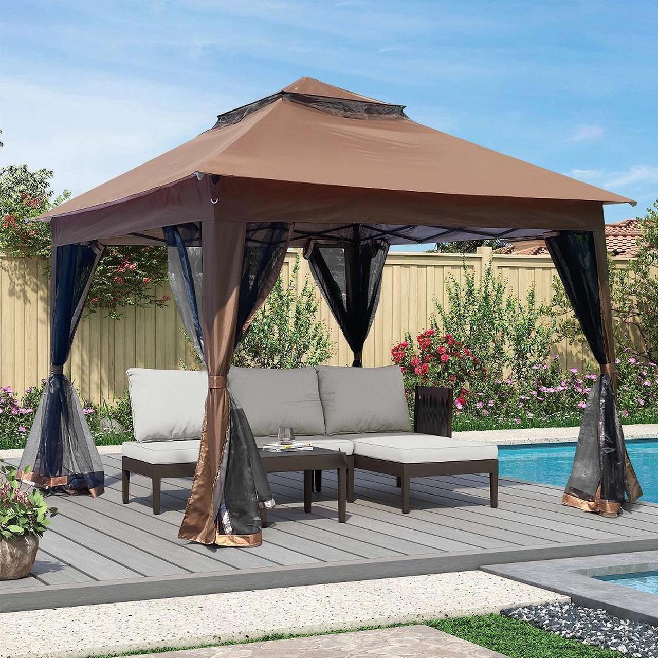 Main image of Outdoor 11x 11Ft Pop Up Gazebo Canopy With Removable Zipper Netting,2-Tier Soft Top Event Tent,Suitable For Patio Backyard Garden Camping Area with 4 Sandbags,Brown