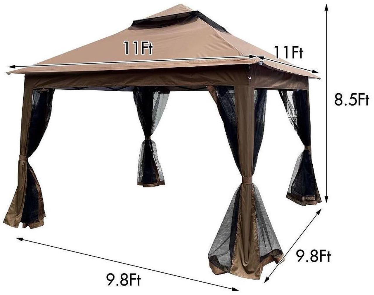 Alt view image 3 of 7 - Outdoor 11x 11Ft Pop Up Gazebo Canopy With Removable Zipper Netting,2-Tier Soft Top Event Tent,Suitable For Patio Backyard Garden Camping Area with 4 Sandbags,Brown
