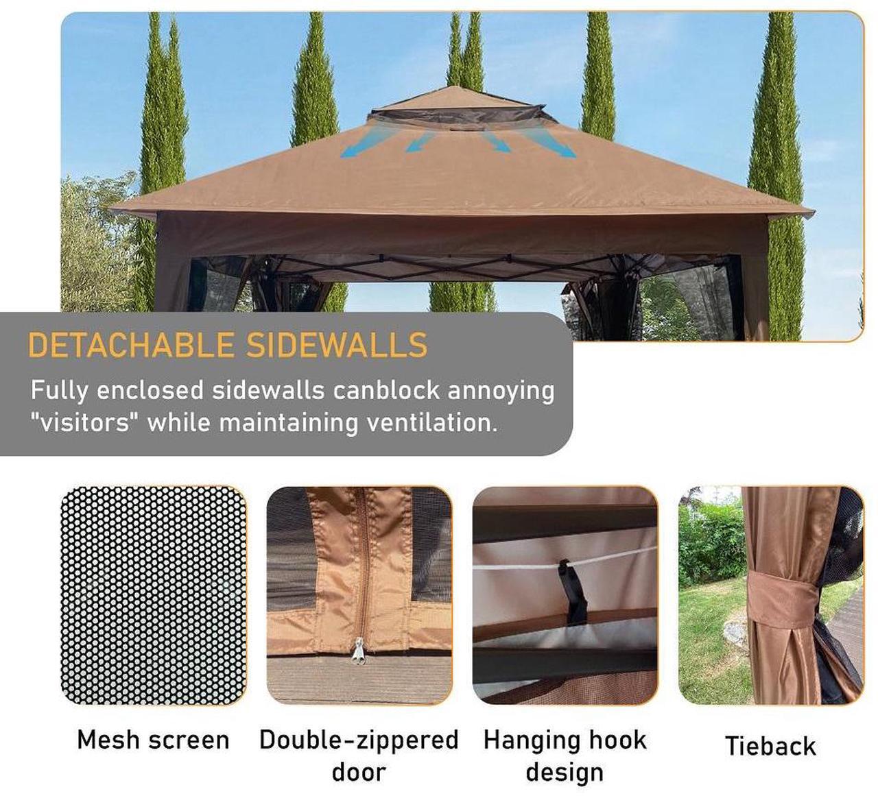 Alt view image 6 of 7 - Outdoor 11x 11Ft Pop Up Gazebo Canopy With Removable Zipper Netting,2-Tier Soft Top Event Tent,Suitable For Patio Backyard Garden Camping Area with 4 Sandbags,Brown